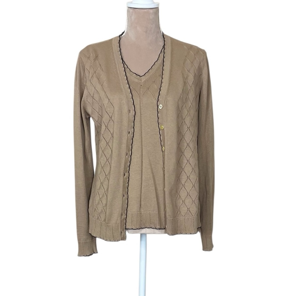 Doncaster 2 Piece Sweater Set in Tan with Black Trim Cardigan and Tank (TSE)